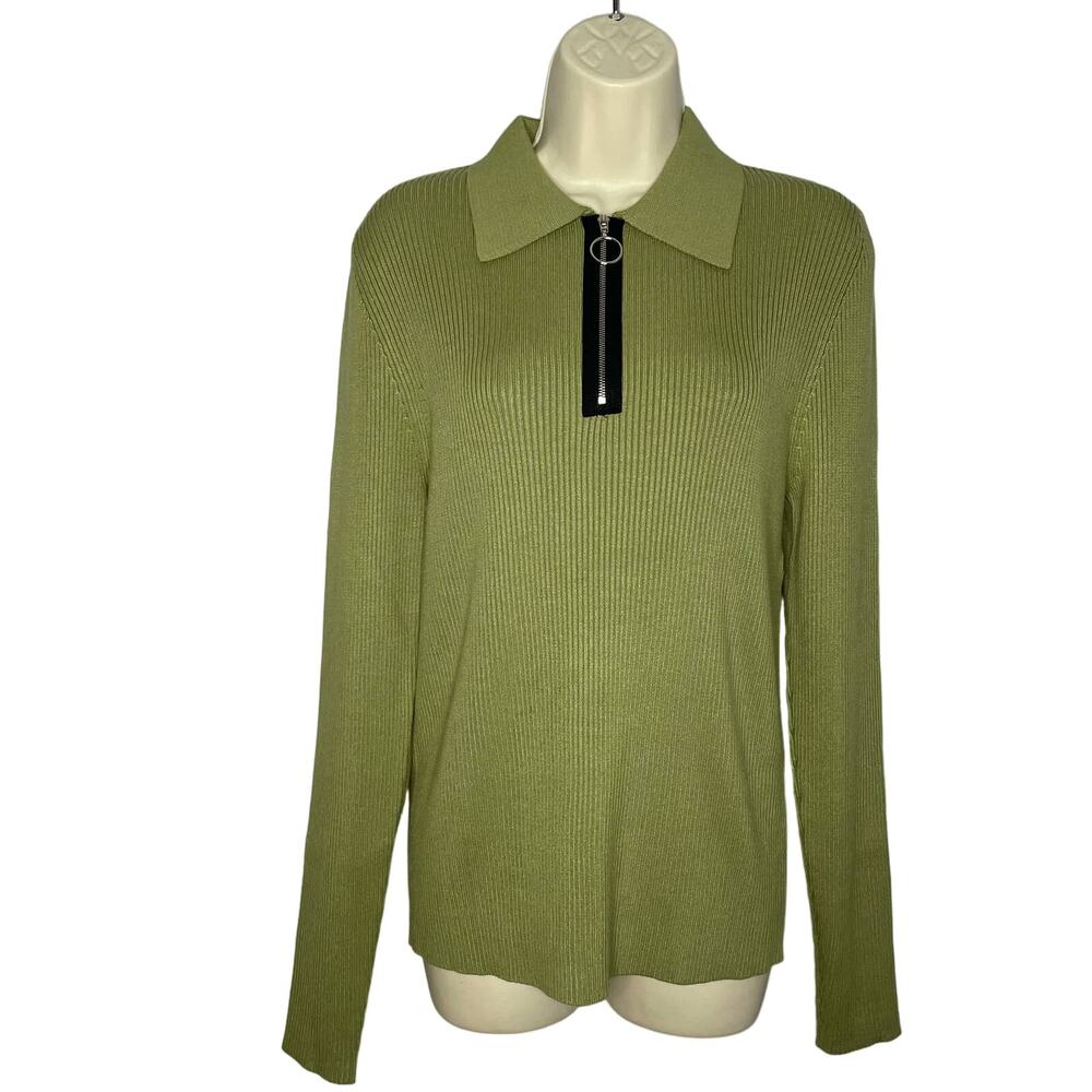 Fang Ribbed Long Sleeve Knitted Polo Exposed Zipper Sweater Unisex Sz L Green